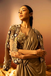 Sequin Embroidered Aged Grape Jacket and draped skirt set Ruceru